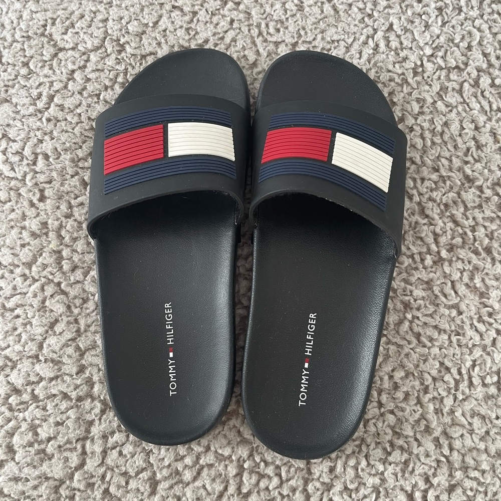 Tommy Hilfiger Black Slides with Red and White Stripes